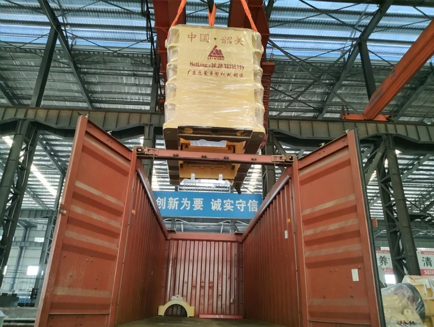 Packaged Leimeng crushing equipment loaded into a shipping container
